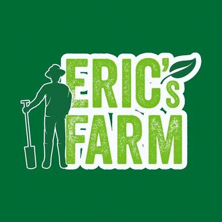 Logo reading ERIC'S FARM in bold green letters with a farmer silhouette holding a shovel on the left.